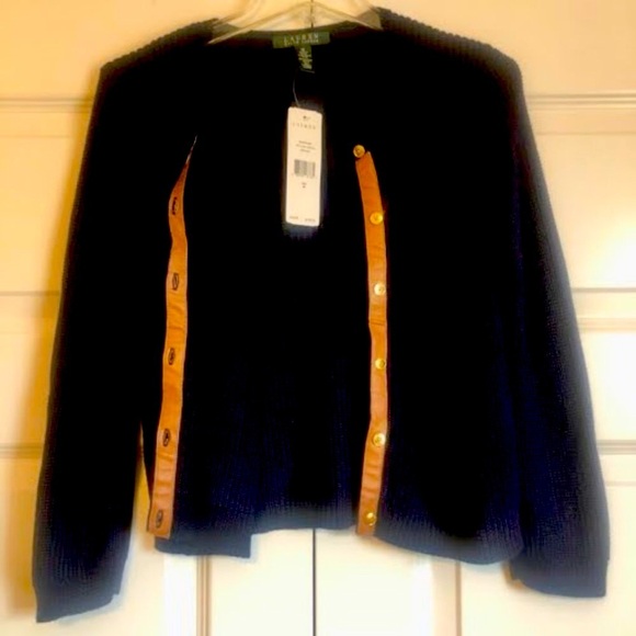 NWT RALPH LAUREN Navy Cardigan Gold Buttons Leather Placket M - Picture 3 of 7